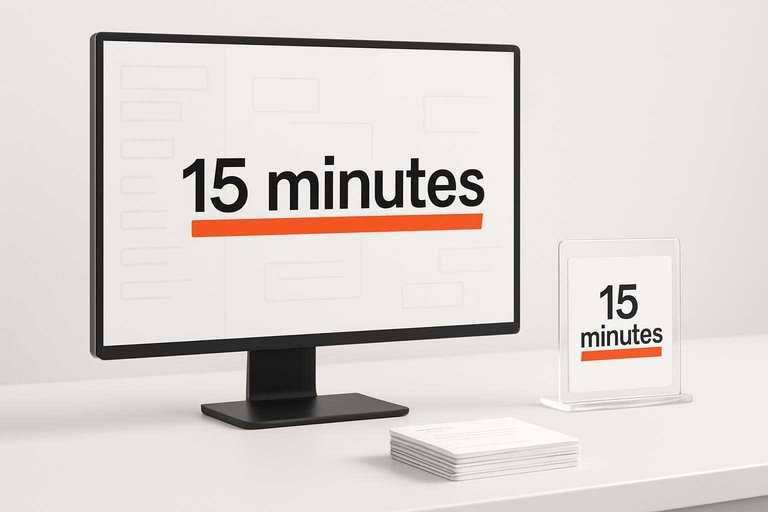Minimal helpdesk desk scene with queue cards; bold accent label reads “15 minutes,” signaling thread timeout in chat.