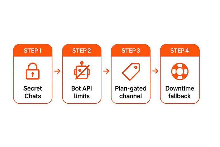 Four-step flow: Secret Chats → Bot API limits → Plan-gated channel → Downtime fallback with connecting arrows
