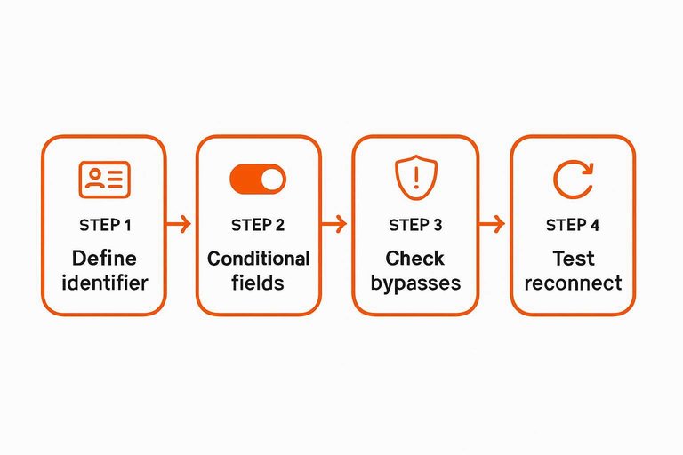 Four-step flow: Define identifier, Conditional fields, Check bypasses, Test reconnect connected by arrows