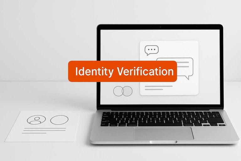 Minimal desk with laptop chat mockup and bold accent label reading "Identity Verification" to prevent spoofed user sessions.