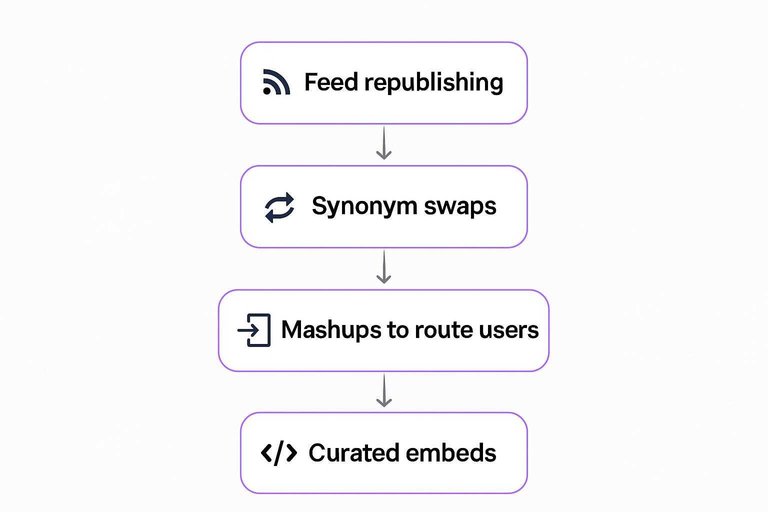 Four-step flow: Feed republishing, Synonym swaps, Mashups to route users, Curated embeds connected by arrows