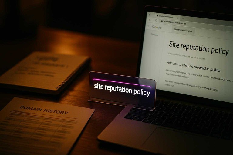 SEO audit desk with laptop highlighting “site reputation policy” in #ad00cc, reviewing third‑party pages and domain history.