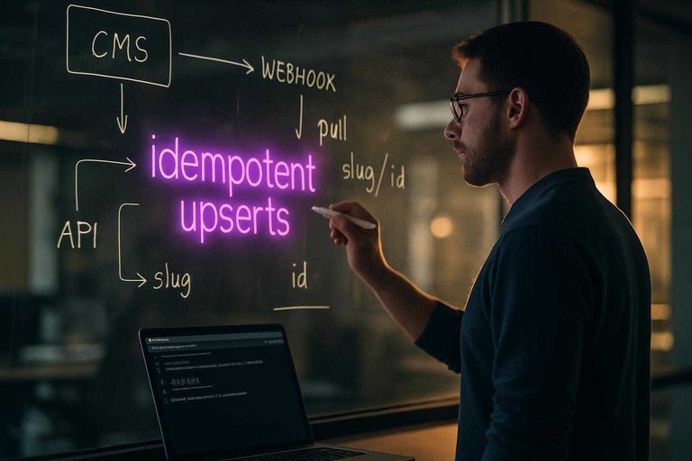 DevOps publishing pipeline board shows CMS and webhook flow with neon label “idempotent upserts” in #ad00cc.