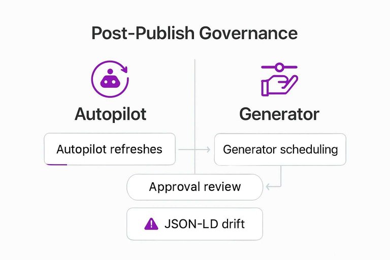 Autopilot vs Generator comparison with labels Autopilot refreshes, Generator scheduling, Approval review, and JSON-LD drift