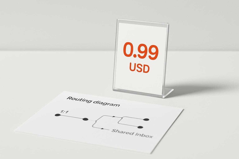 Minimal support-ops desk scene with pricing placard reading “0.99 USD,” highlighting outcome-based chat pricing.