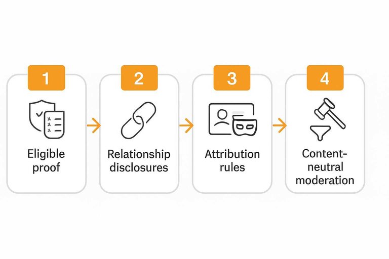 Four-step flow: Eligible proof, Relationship disclosures, Attribution rules, Content-neutral moderation with arrows