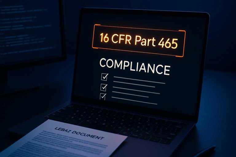 Compliance desk scene with glowing overlay text “16 CFR Part 465” highlighting FTC review rule constraints for 2026.