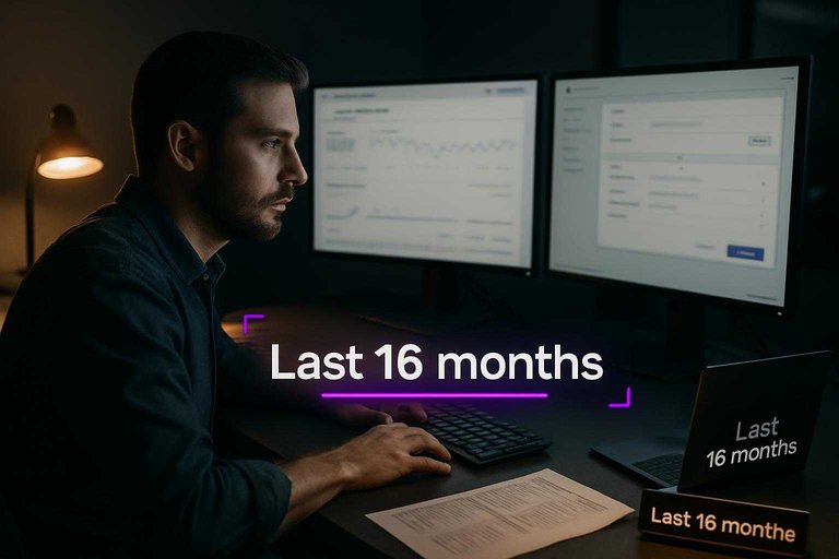 SEO workspace with Search Console screens and a magenta overlay reading “Last 16 months” for query analysis limits.