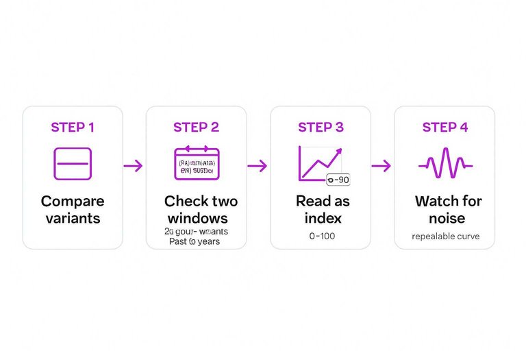 Four-step flow: Compare variants, Check two windows, Read as index, Watch for noise with arrows between steps