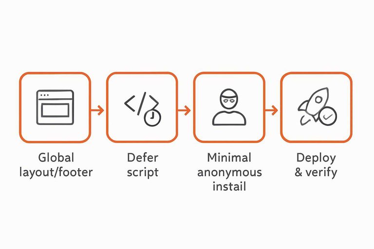 Four-step flow: Global layout/footer → Defer script → Minimal anonymous install → Deploy & verify