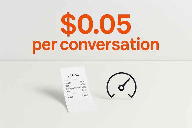 Sparse billing desk scene with a meter dial and bold overlay text “$0.05 per conversation” in orange.