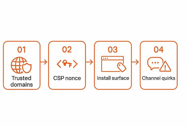 Four-step flow: Trusted domains, CSP nonce, Install surface, Channel quirks connected by arrows