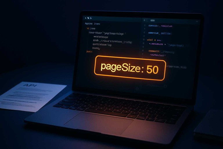 Developer desk with dark terminal UI highlighting "pageSize: 50" for Business Profile API review pagination.