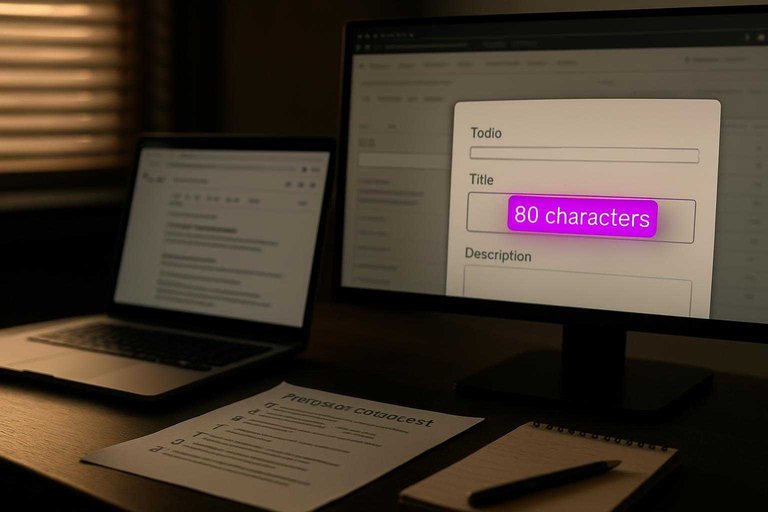 SEO workflow desk with a capture-record template on screen highlighting the constraint "80 characters" in magenta.