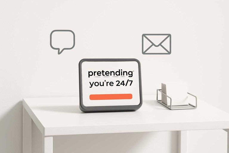 After-hours support desk scene with chat and email icons, featuring the text “pretending you’re 24/7”