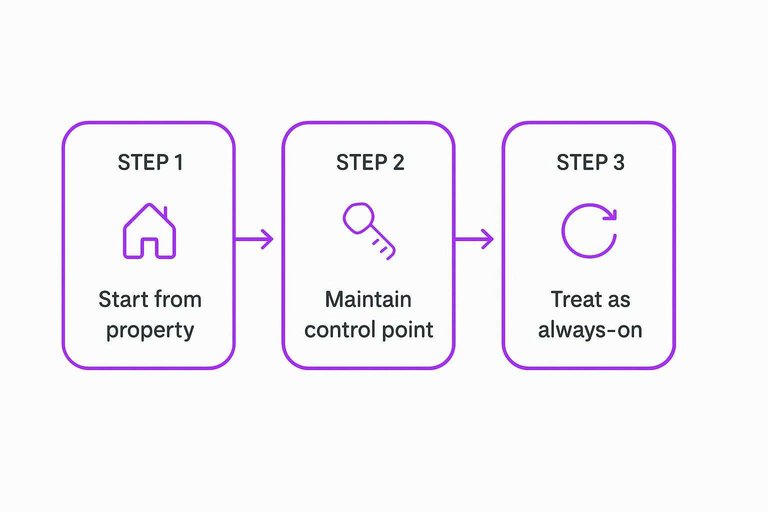 Three-step flow: Start from property, Maintain control point, Treat as always-on connected by arrows