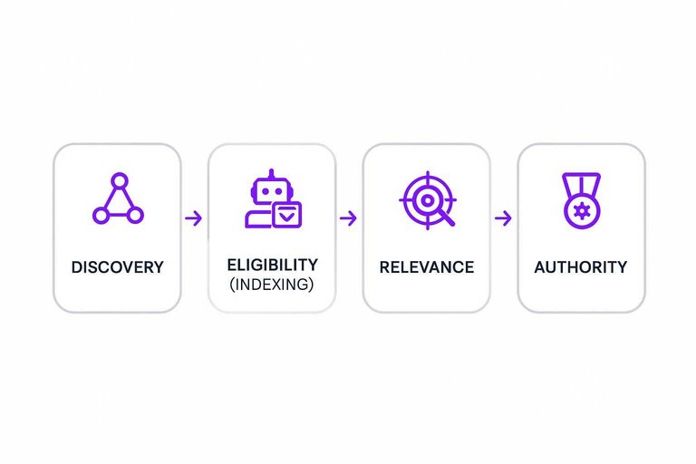 Four-step SEO stages flow: Discovery → Eligibility (indexing) → Relevance → Authority with arrows