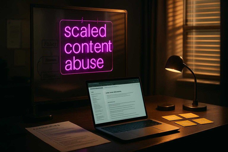 Content studio desk with policy notes and a glowing magenta sign reading “scaled content abuse” on a glass board.
