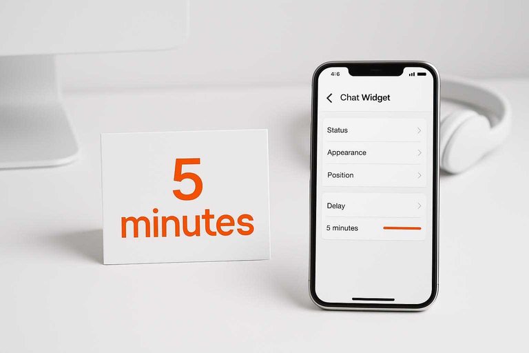 Minimal white desk with phone settings; bold orange overlay text reads "5 minutes" to highlight notification delay risk.