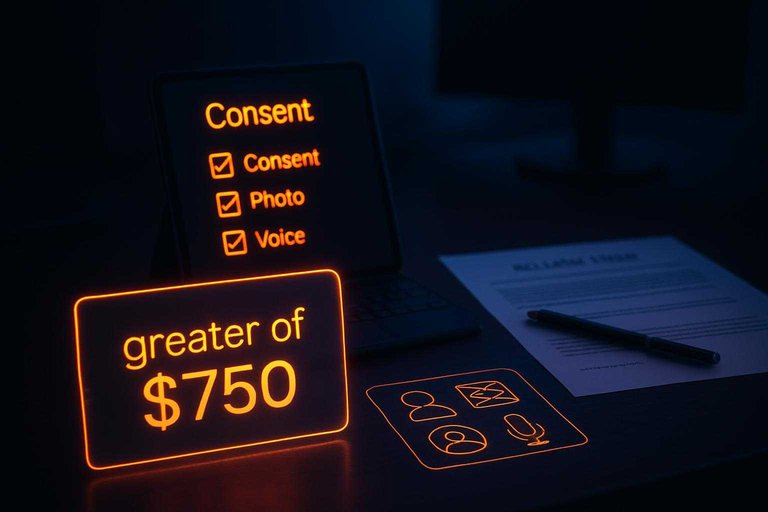 Compliance desk scene with glowing consent checklist and the overlay text “greater of $750” in orange UI style.