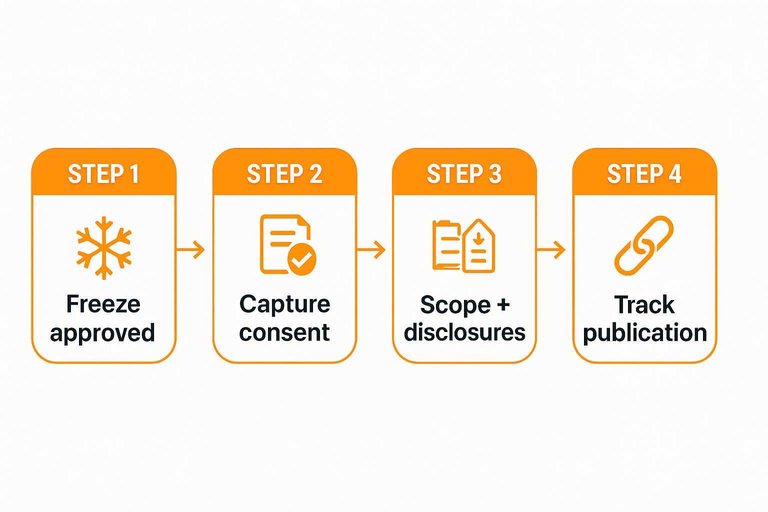 Process flow: Freeze approved → Capture consent → Scope + disclosures → Track publication
