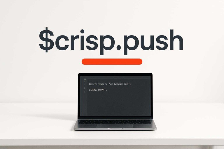 Minimal desk scene with code editor and bold overlay text “$crisp.push” highlighted in #de520c for widget control calls.