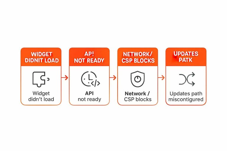 Four-step flow: Widget didn’t load → API not ready → Network / CSP blocks → Updates path misconfigured