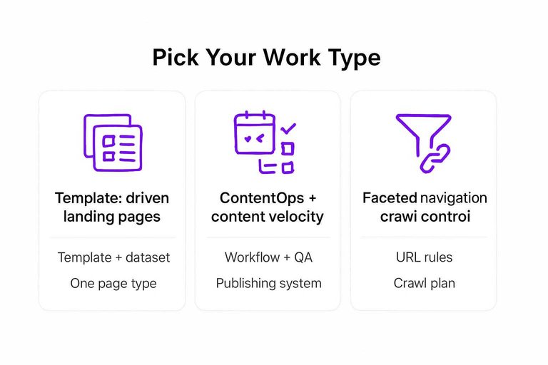Three-column comparison: Template-driven landing pages vs ContentOps + content velocity vs Faceted navigation crawl control