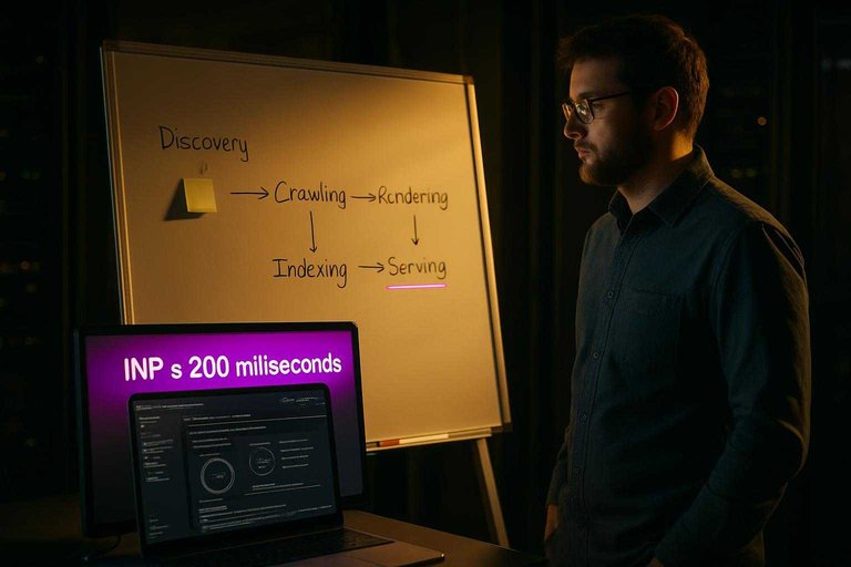Server-room SEO workspace with pipeline notes and a magenta screen label reading “INP ≤ 200 milliseconds”.