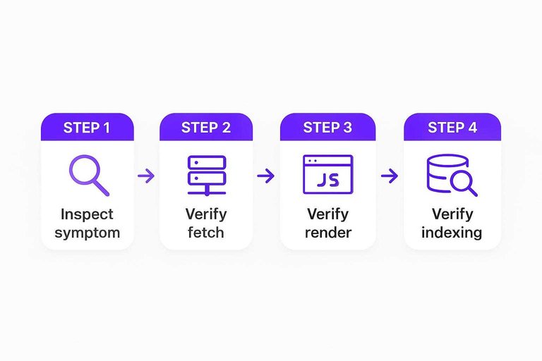 Four-step workflow: Inspect symptom, Verify fetch, Verify render, Verify indexing connected by arrows
