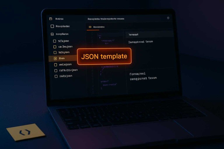 Dark dev workspace shows theme files with a glowing overlay label “JSON template” near a JSON error panel.