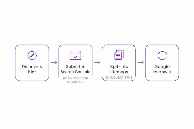 Four-step flow: Discovery hint → Submit in Search Console → Split into sitemaps → Google recrawls