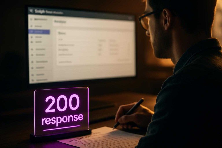 SEO workstation checking Search Console; neon desk sign reads "200 response" to emphasize sitemap fetchability.