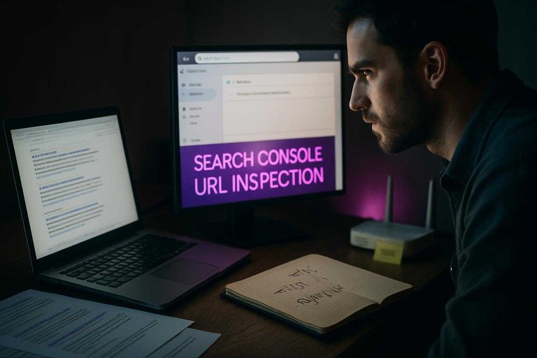 SEO workspace scene with monitor banner text “Search Console URL Inspection” highlighted in #ad00cc for diagnosis.