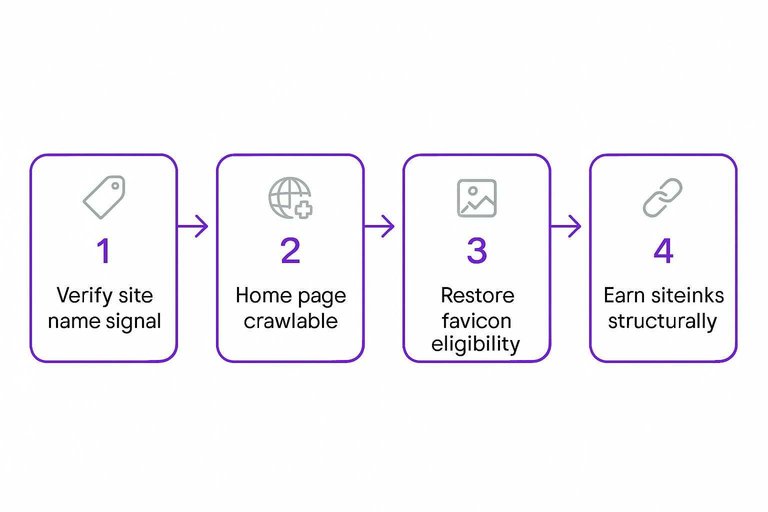 Four-step flow: Verify site name signal, Home page crawlable, Restore favicon eligibility, Earn sitelinks structurally