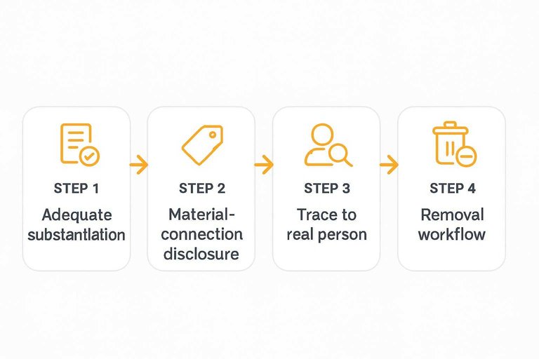 Four-step flow: Adequate substantiation → Material-connection disclosure → Trace to real person → Removal workflow
