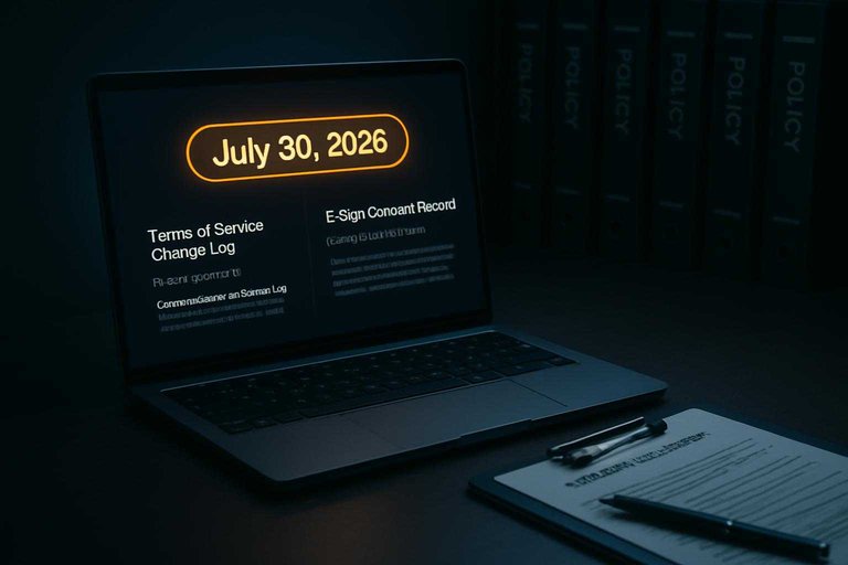 Compliance desk scene with glowing UI date stamp “July 30, 2026” highlighting ToS tracking for reviews.