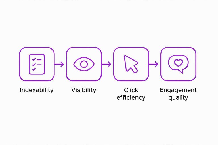 Four-step analyst order: Indexability → Visibility → Click efficiency → Engagement quality with arrows