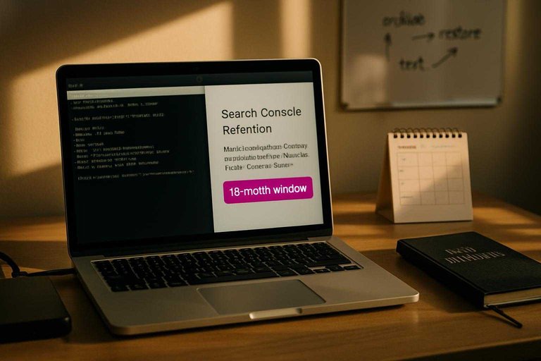 SEO analyst desk with laptop showing magenta label “16‑month window” to emphasize Search Console data retention limits.