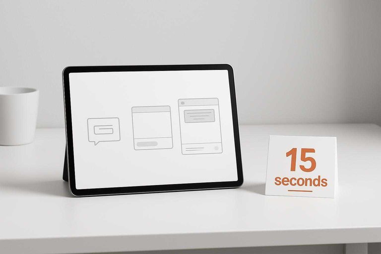 Minimal chat widget mock on a clean desk with centered accent text "15 seconds" highlighting proactive timing.
