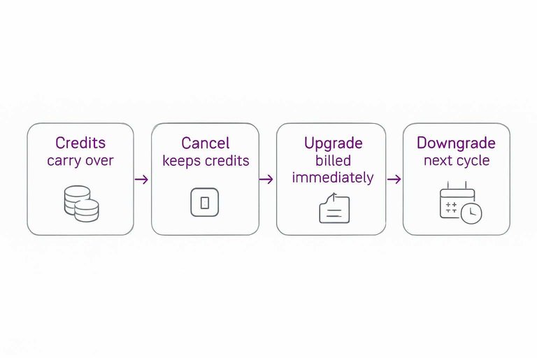 Four-step billing flow: Credits carry over, Cancel keeps credits, Upgrade billed immediately, Downgrade next cycle