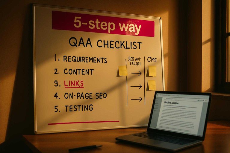 Whiteboard and laptop for SEO workflow planning, with a magenta header label reading “5-step way”.