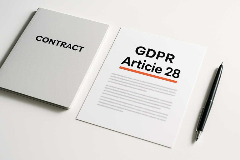 Clean compliance desk with a contract page highlighted in #de520c showing the text “GDPR Article 28”.