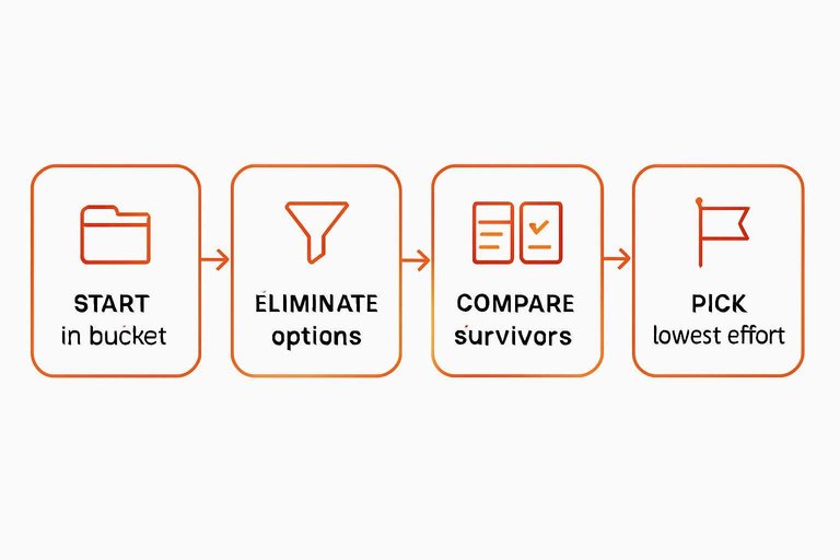 Four-step flow: Start in bucket, Eliminate options, Compare survivors, Pick lowest-effort with arrows