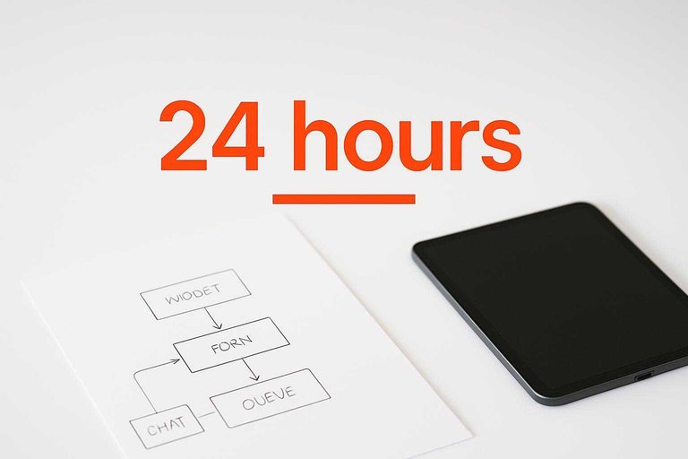 Minimal desk with chat widget flow sketch and bold centered overlay text “24 hours” highlighted in orange.