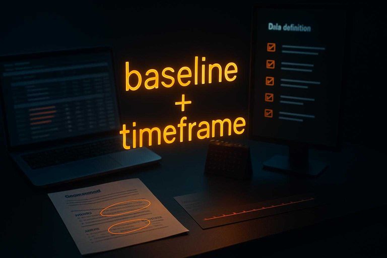 Analytics desk with annotated testimonial notes and a glowing overlay reading "baseline + timeframe" in #df9800.