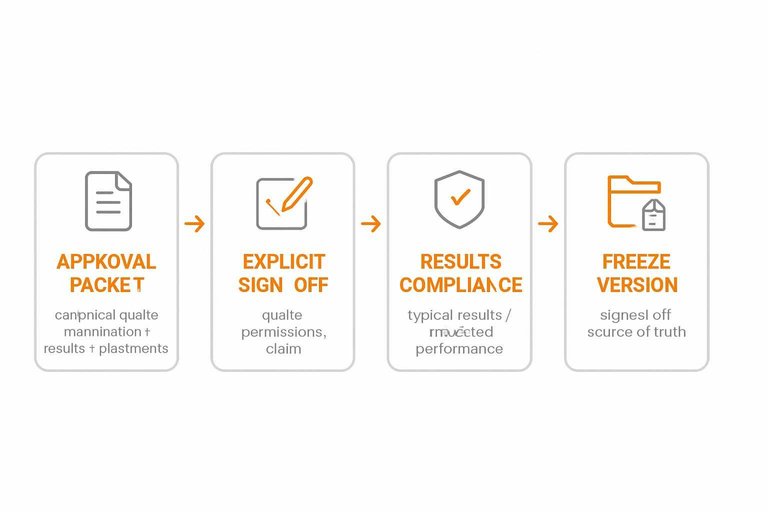 Four-step flow: Approval packet, Explicit sign-off, Results compliance, Freeze version with arrows