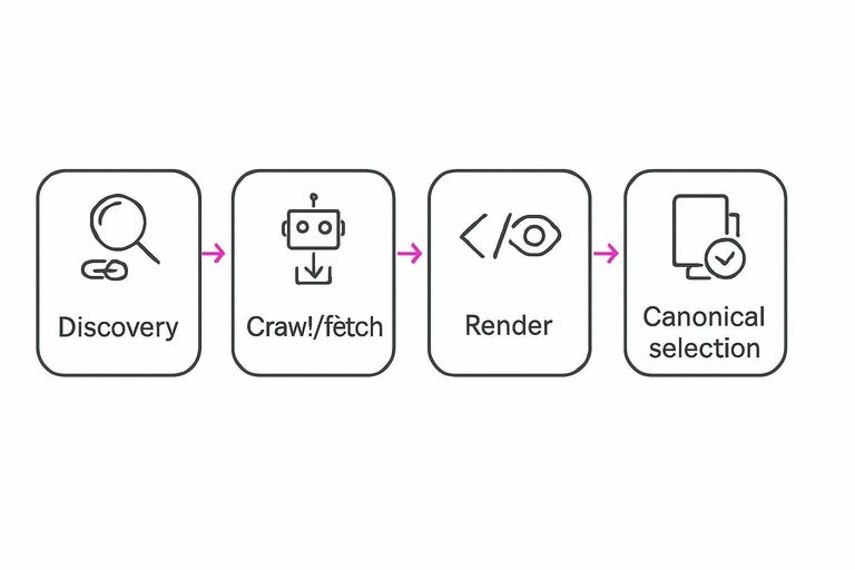 Four-step flow: Discovery, Crawl/fetch, Render, Canonical selection connected by arrows