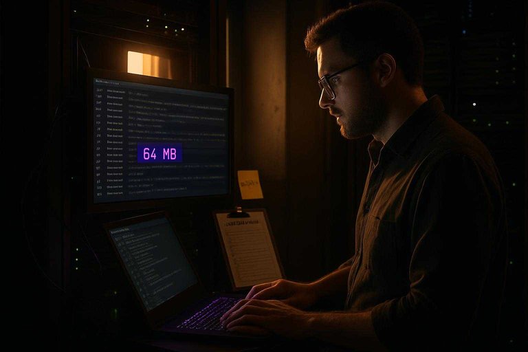 Server room log review scene with monitor highlighting "64 MB" in magenta, emphasizing Googlebot PDF fetch limit.