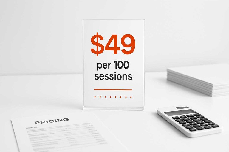 Support ops desk with a clean placard reading “$49 per 100 sessions,” highlighting session-based AI billing.